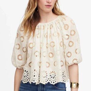 Madewell Embroidered Floral Cutouts Shirred Puff-Sleeve Top Cream Size XXS NWT